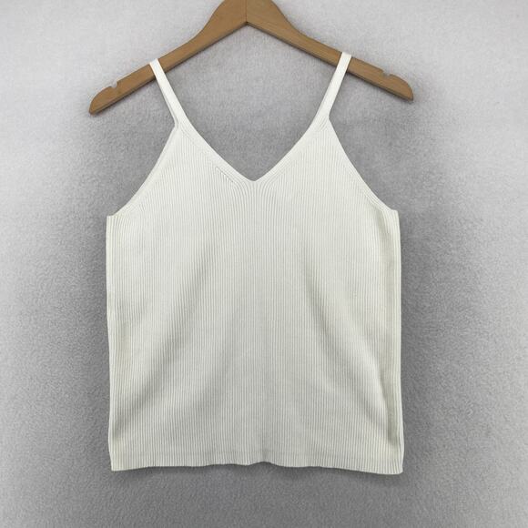 EILEEN FISHER Sweater L Cotton Tank Top Cami V-Neck Ribbed Pullover White - Picture 2 of 9
